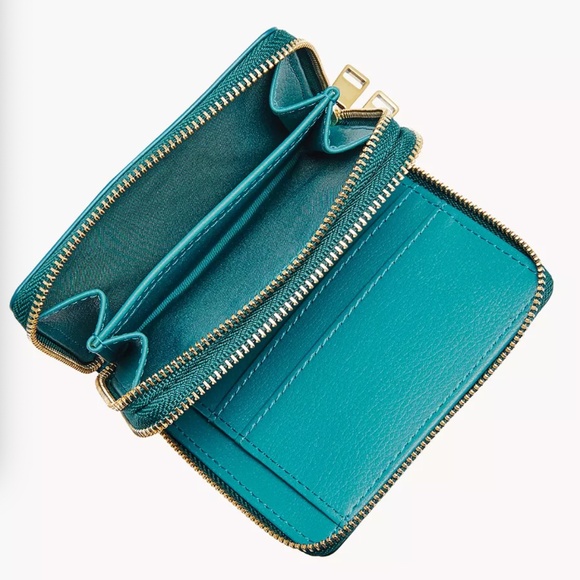 Fossil RFID Mini Multifunction in Peacock Genuine Cow Hide Leather Double Zip - Picture 10 of 11